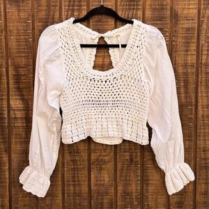 Free People Megan Crochet White Ivory Long Sleeve Blouse